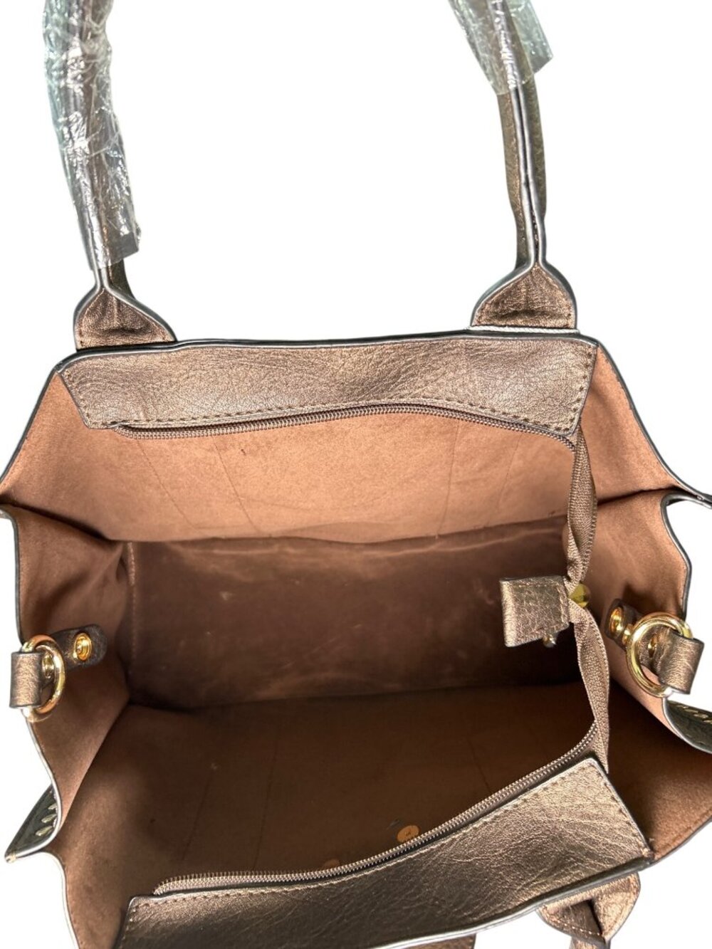 NEW Dasein Brown & Metallic Gold Tote Purse w/ Wristlet & Makeup Bag & Strap USA - Picture 4 of 11